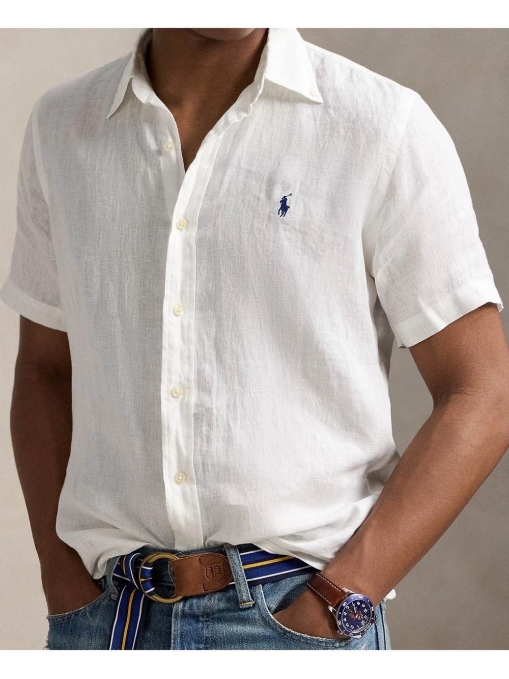 Polo Ralph Lauren Mens Short Sleeve Linen Shirt in White